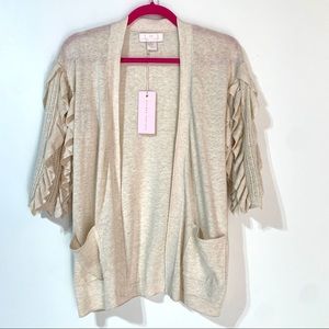 Rachel Parcell Ruffle Sleeve Open Front Cardigan with Pockets XS Oatmeal Beige